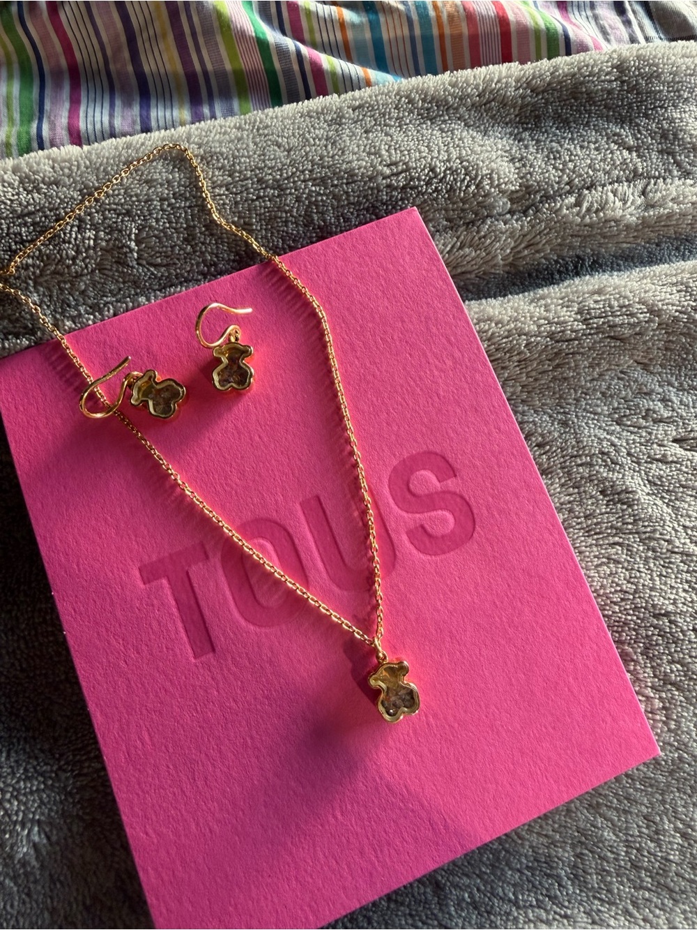Tous Gold Bear Pendant Necklace and Earrings Set - Gold with Pink Accent